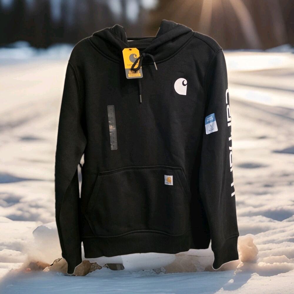 NEW Carhartt Women's S Clarksburg Graphic Sleeve Hoodie Black Pullover Logo